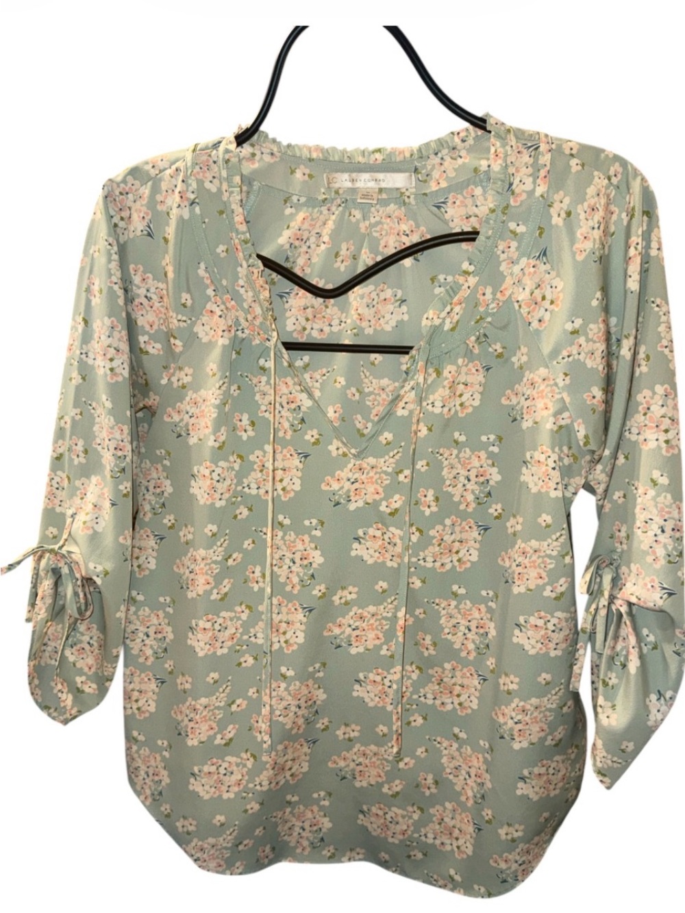 LC Lauren Conrad Sage Green Floral Tie-Sleeve Blouse